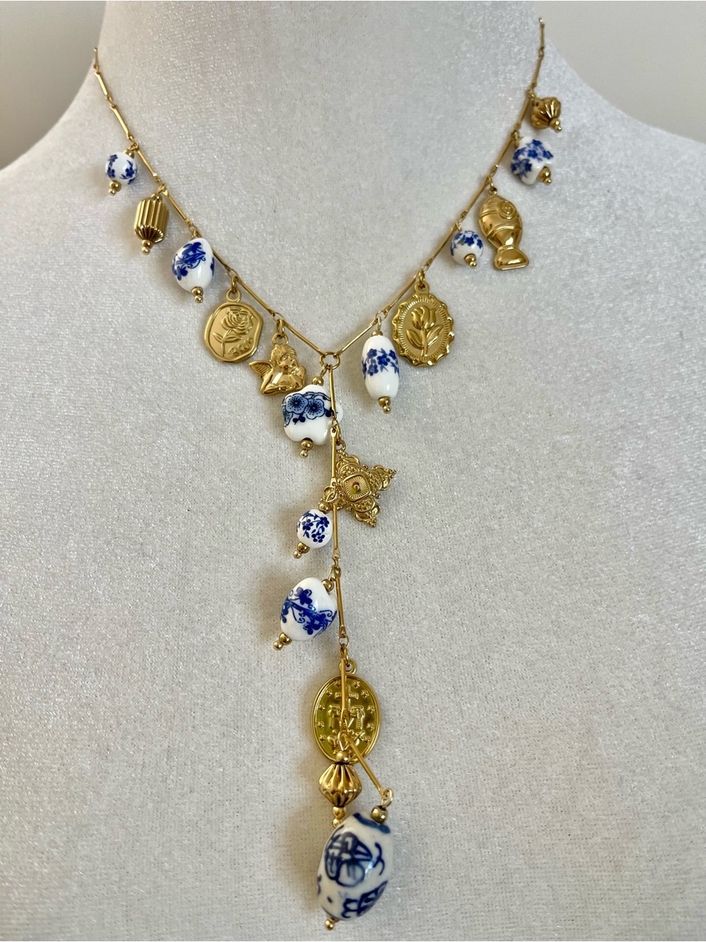 Gold Cascade Necklace with Blue & White Porcelain Beads